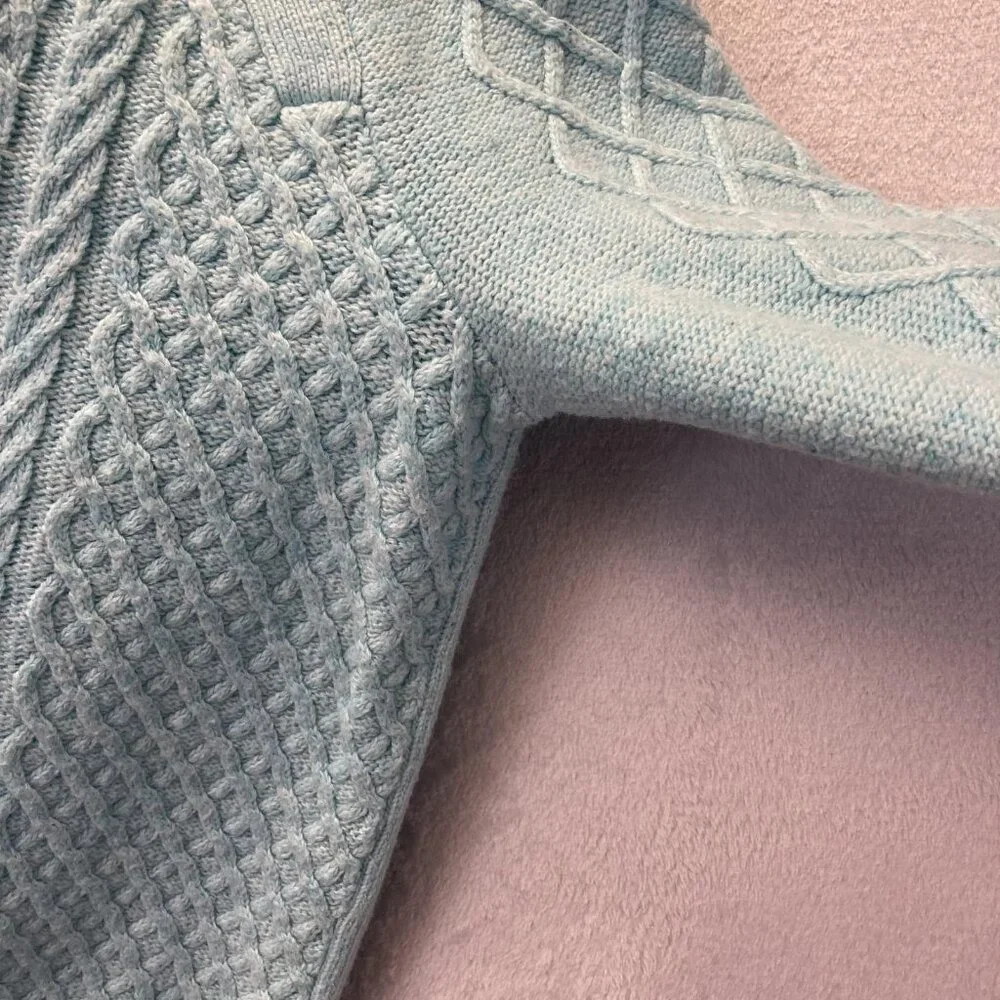Talbots Cable Knit Sweater Womens Petite Large PL‎ Aqua Blue Buttons Old Money